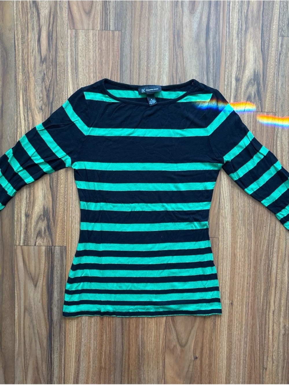 INC International Concepts Form Fitting Black and Green Striped 3/4 Sleeve Top